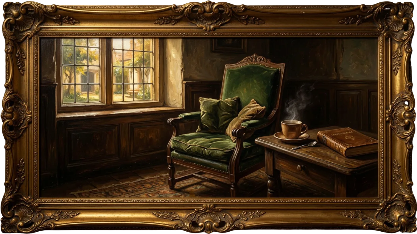 Oil painting in a gilded frame: an empty armchair beside a sunlit window, a steaming cup and a closed book waiting on the side table