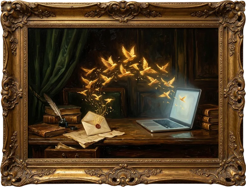 Oil painting in a gilded frame: an opened envelope releasing small golden birds that fly toward an open glowing laptop
