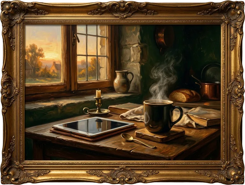 Oil painting in a gilded frame: a steaming mug and a tablet on a kitchen table at sunrise, golden light through the window