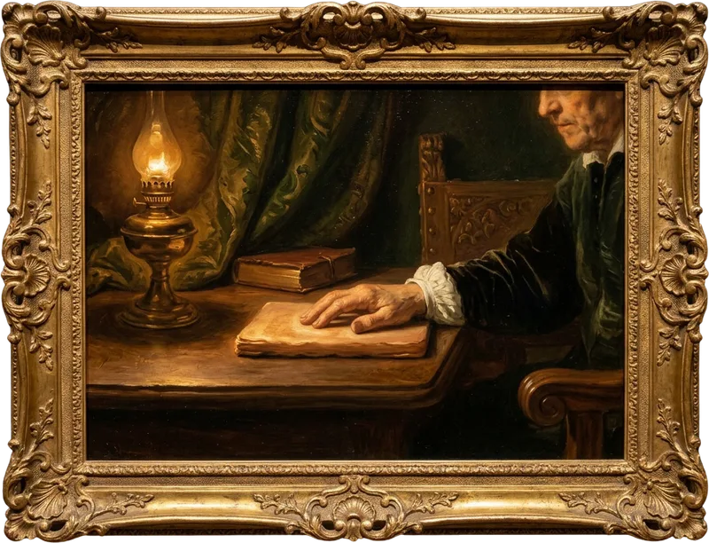 Oil painting in a gilded frame: a hand resting on a softly glowing tablet on a wooden table, lit by a warm lamp