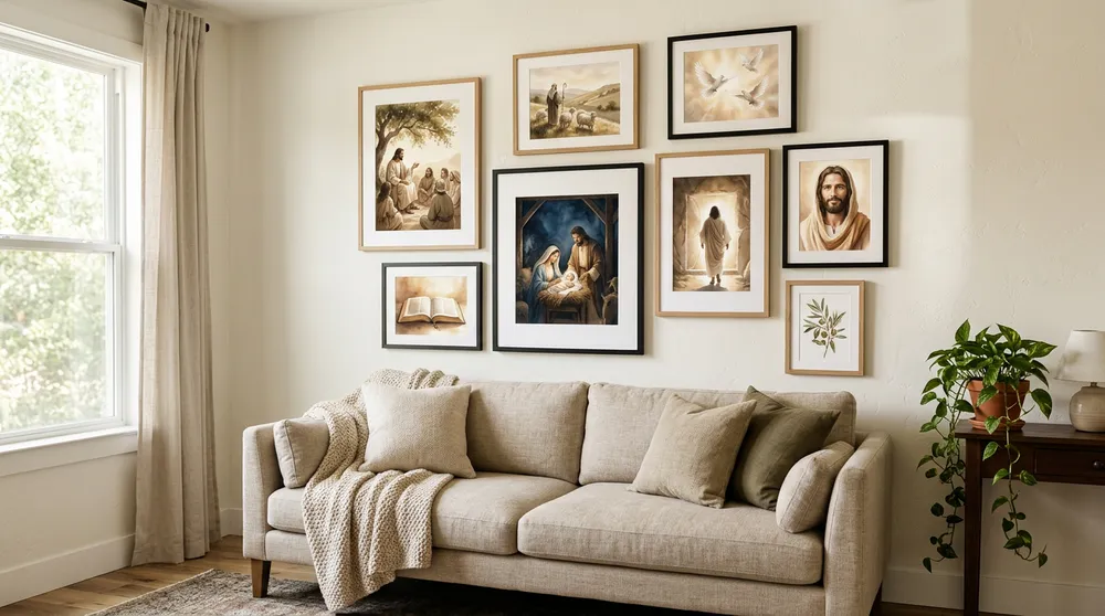 A gallery wall of framed watercolour paintings of Jesus above a linen sofa