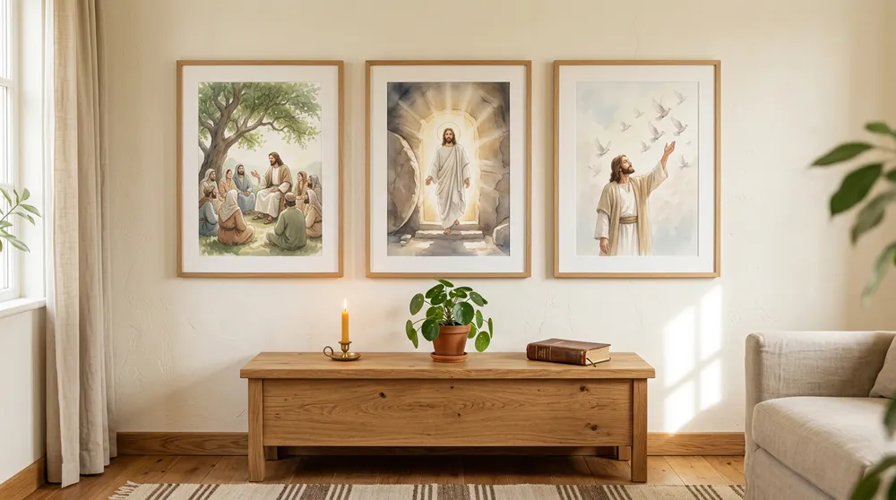 Three framed watercolour prints of Jesus above a sideboard