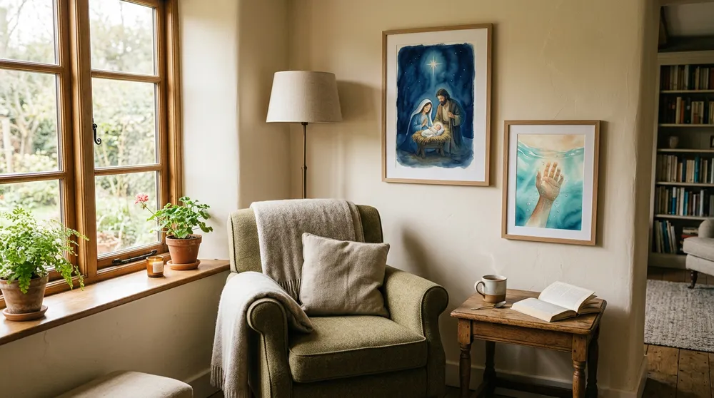 Two framed prints beside a reading chair by a window