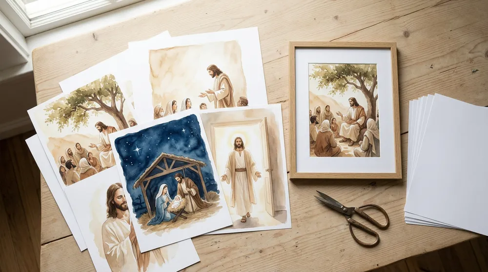 Freshly printed watercolour artworks on a table, one already framed