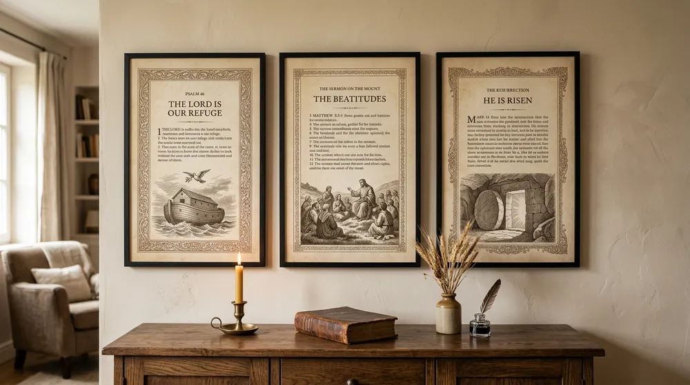 Three framed vintage scripture pages above a sideboard