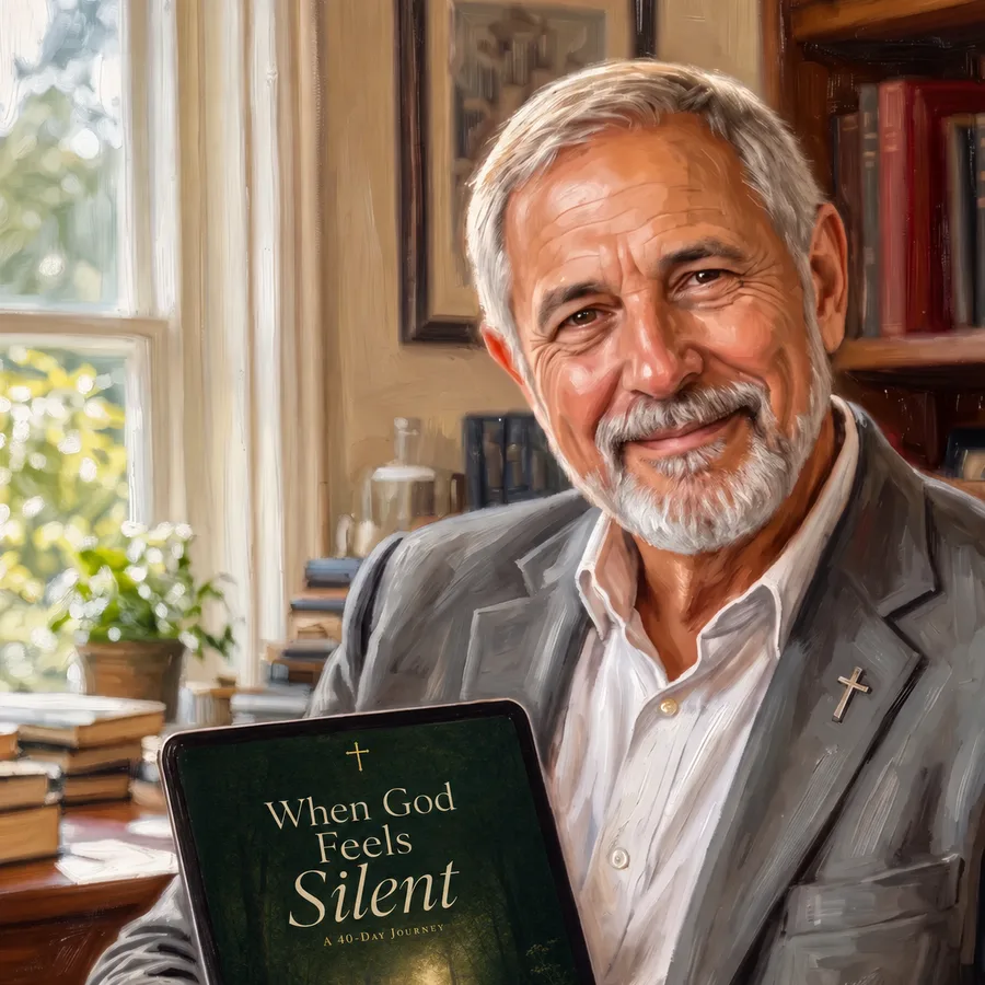 Painted portrait of Lucas Grayson holding When God Feels Silent on a tablet