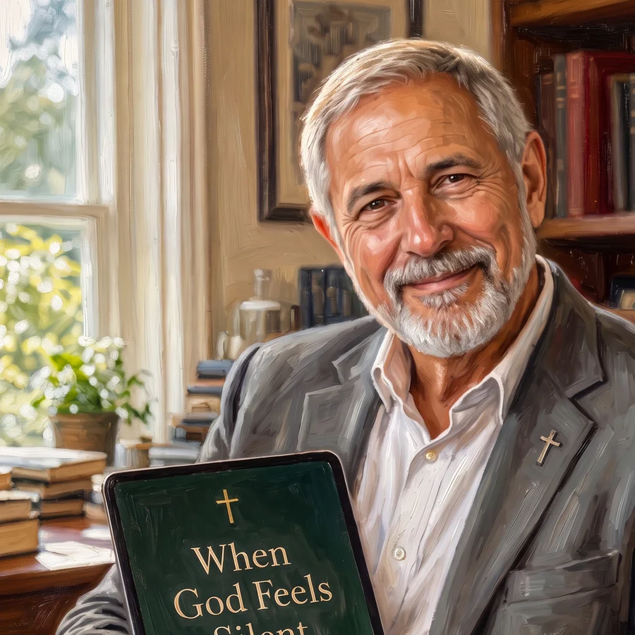 Painted portrait of Lucas Grayson holding When God Feels Silent on a tablet
