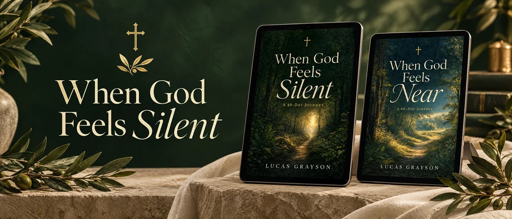 When God Feels Silent: both journey ebook covers on tablets, framed by olive branches and a gold cross