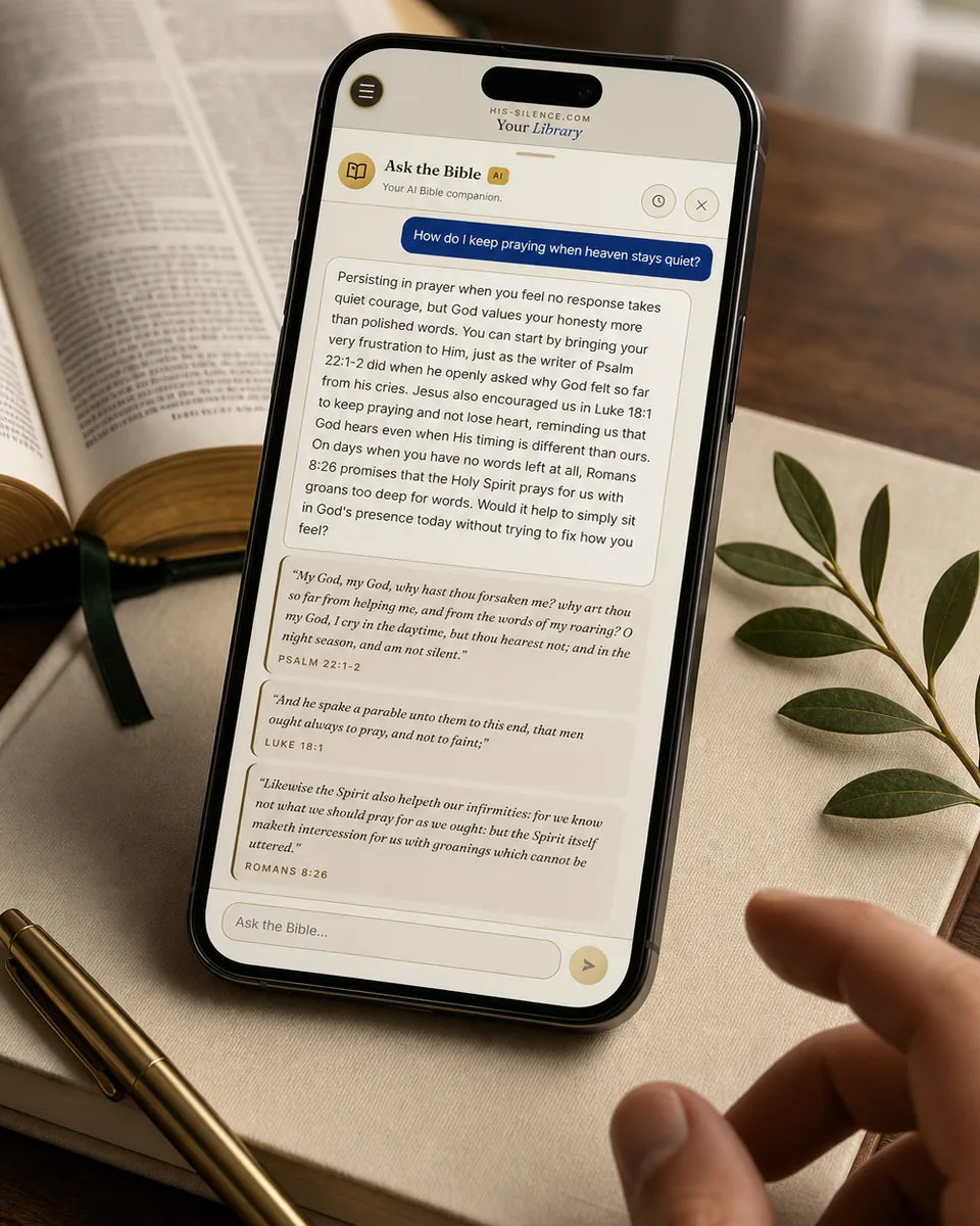 The real Bible AI app screen shown on a phone in a cinematic study setting