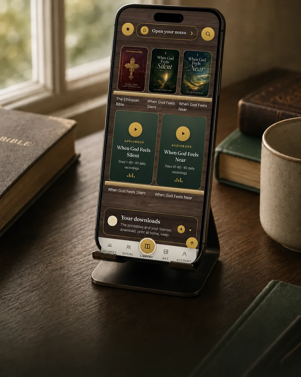 The real Your Library app screen displayed on a phone beside a Bible and classic books