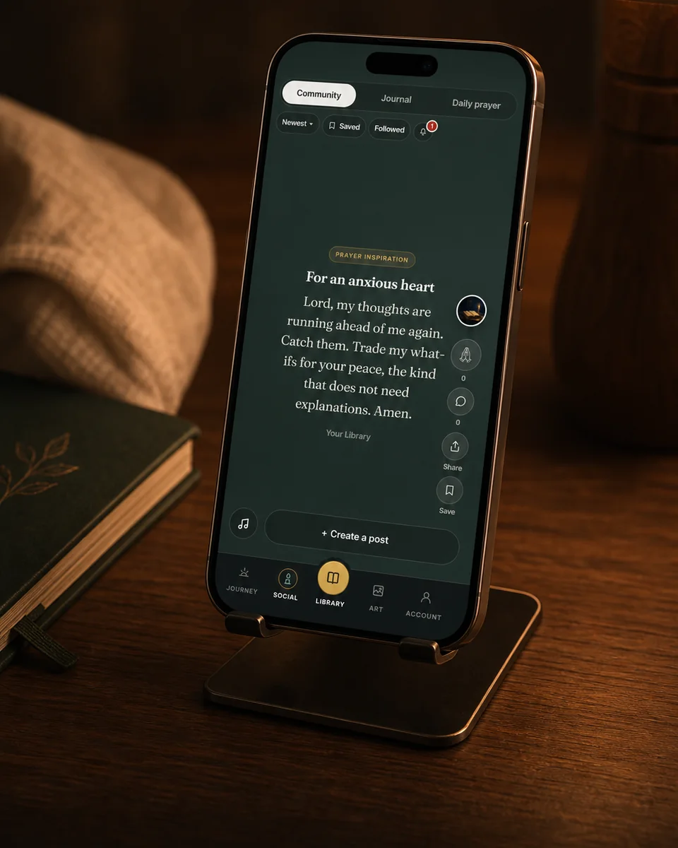 The real Prayer Community app screen displayed on a phone in warm evening light