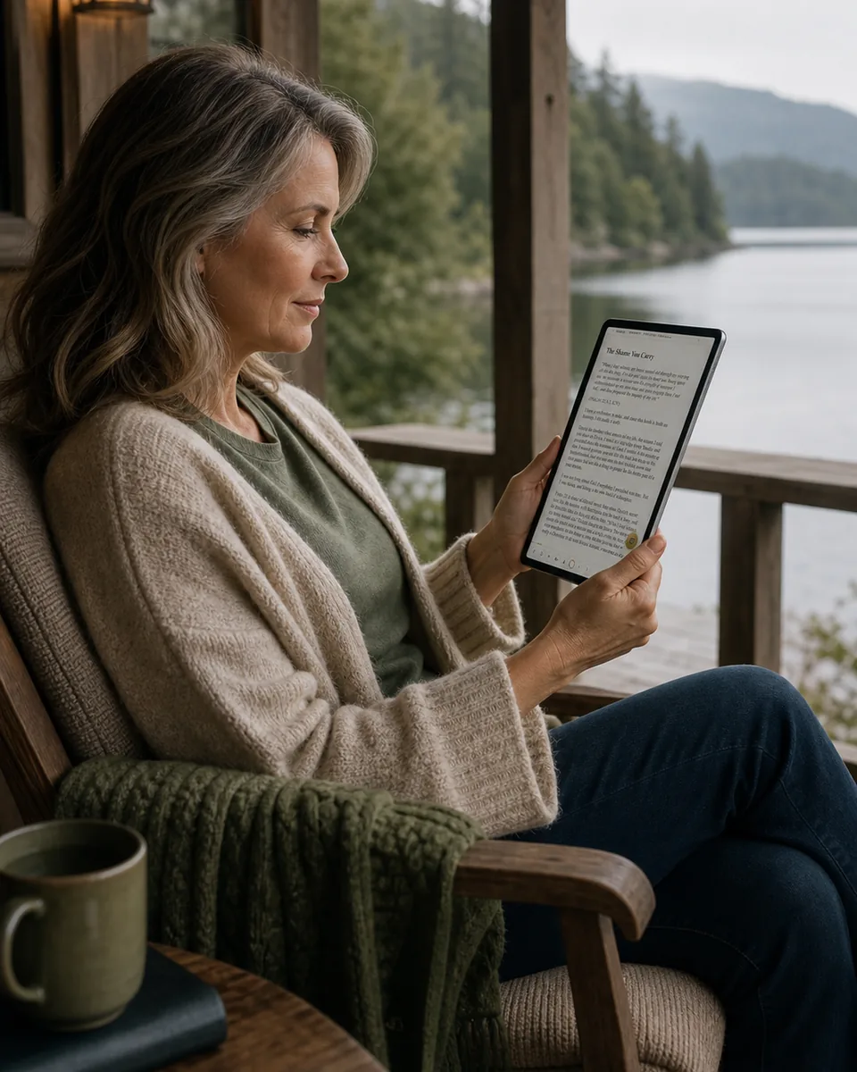 Fictional reader using the guided journey on a tablet beside a quiet lake