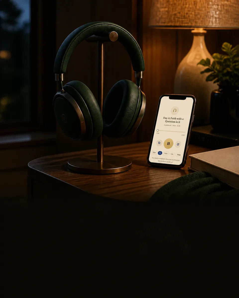 Journey audiobook playing beside a pair of over-ear headphones in a quiet evening setting