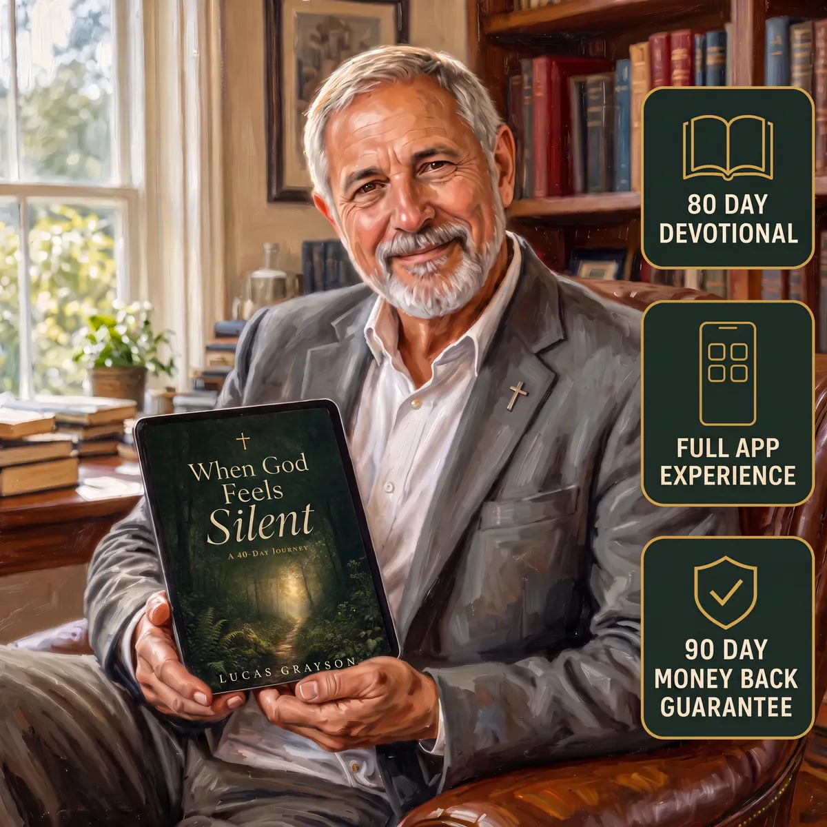 Lucas Grayson holding When God Feels Silent on a tablet. 80 day devotional, full app experience, 90 day money back guarantee