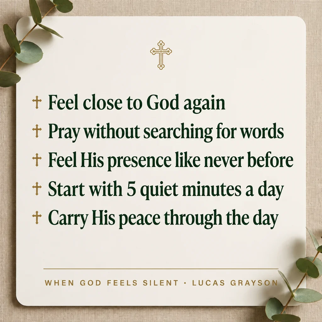 Feel close to God again, pray without searching for words, feel His presence like never before, start with 5 quiet minutes a day, carry His peace through the day