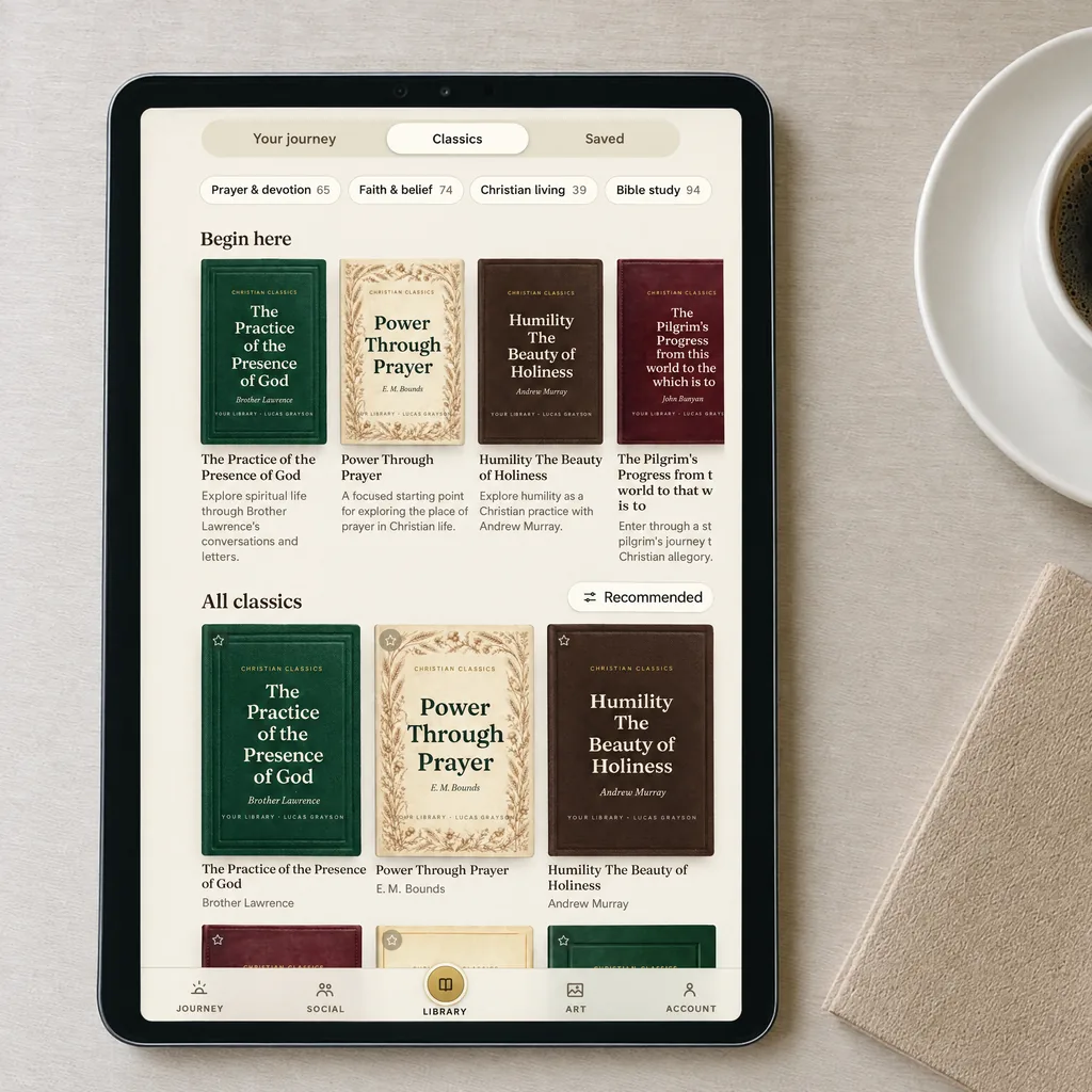 A tablet beside a coffee cup showing the Christian classics bookshelf in Your Library