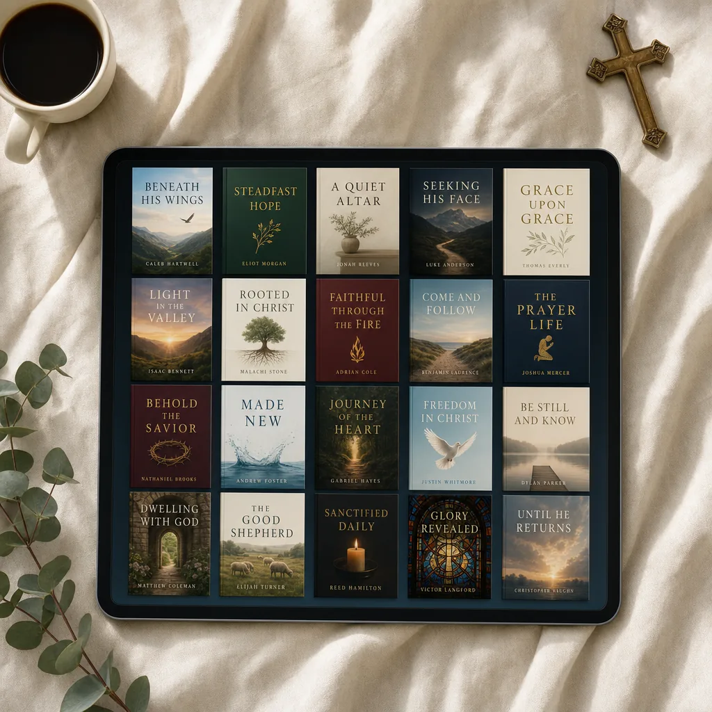 A tablet showing a grid of more than 340 Christian ebook covers