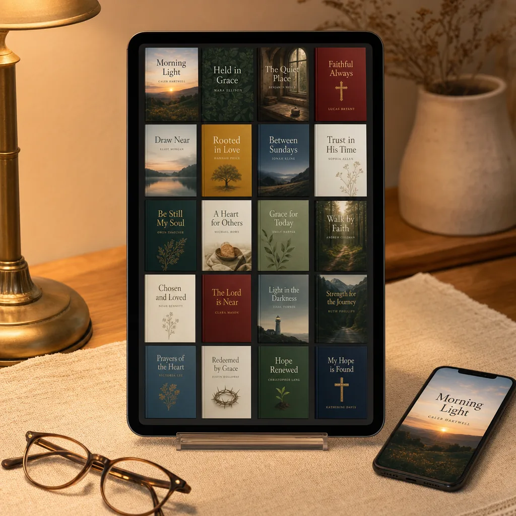 The same library on a tablet by lamplight, with one book open on a phone beside it
