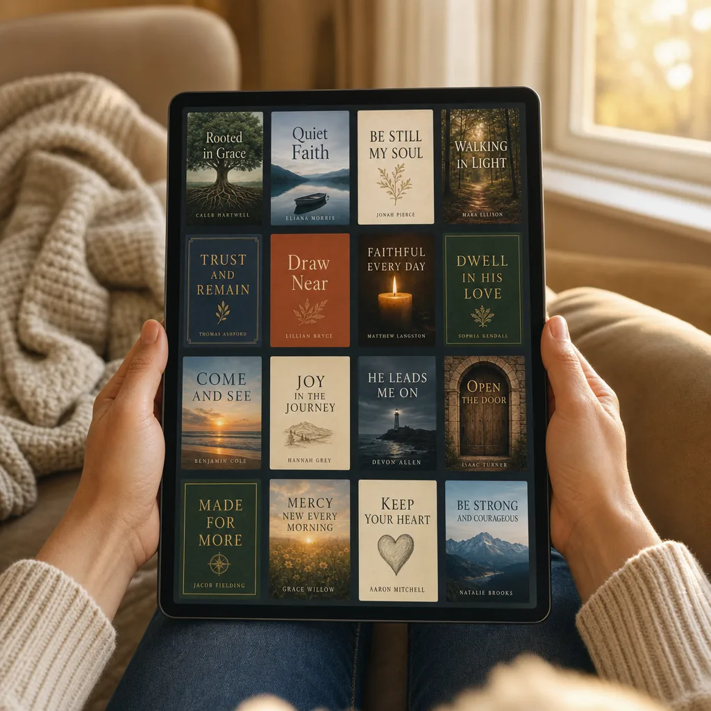 A reader holding a tablet filled with Christian ebook covers