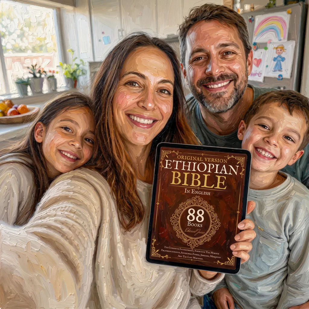 A family holding a tablet showing the Ethiopian Bible in English, the complete 88 book edition