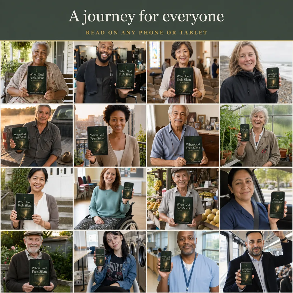 Sixteen readers of all ages holding the ebook on a phone or tablet. A journey for everyone, read on any phone or tablet