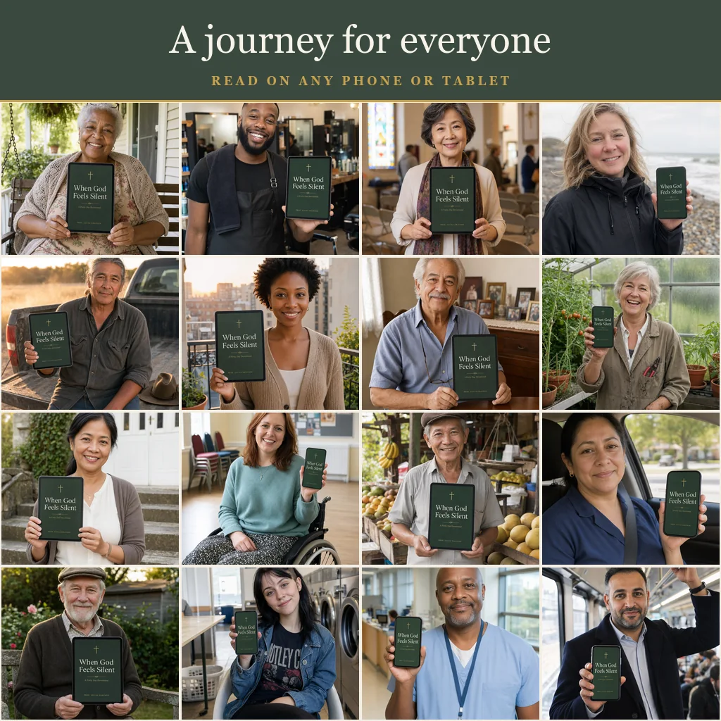 Sixteen readers of all ages holding the ebook on a phone or tablet. A journey for everyone, read on any phone or tablet