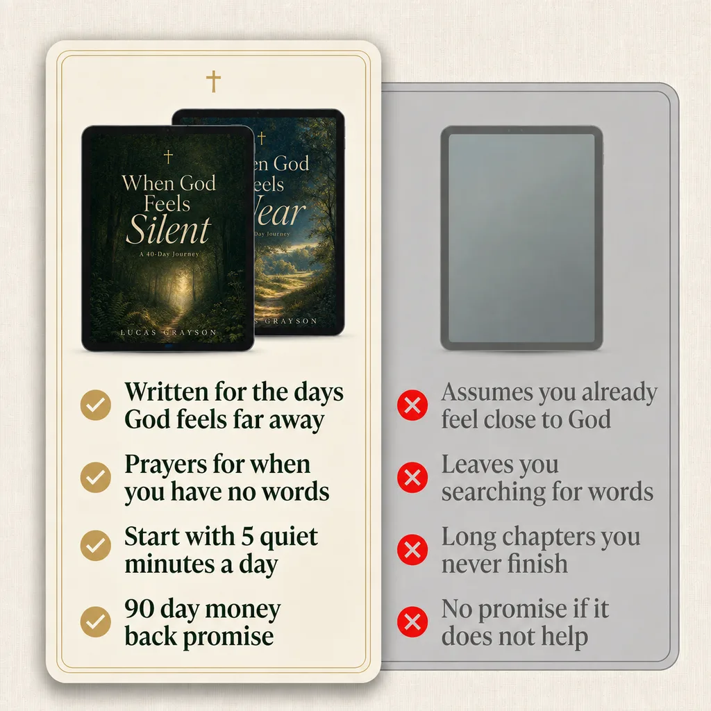 Both journeys against an ordinary devotional. This journey: written for the days God feels far away, prayers for when you have no words, start with 5 quiet minutes a day, 90 day money back promise. Others: assumes you already feel close to God, leaves you searching for words, long chapters you never finish, no promise if it does not help.