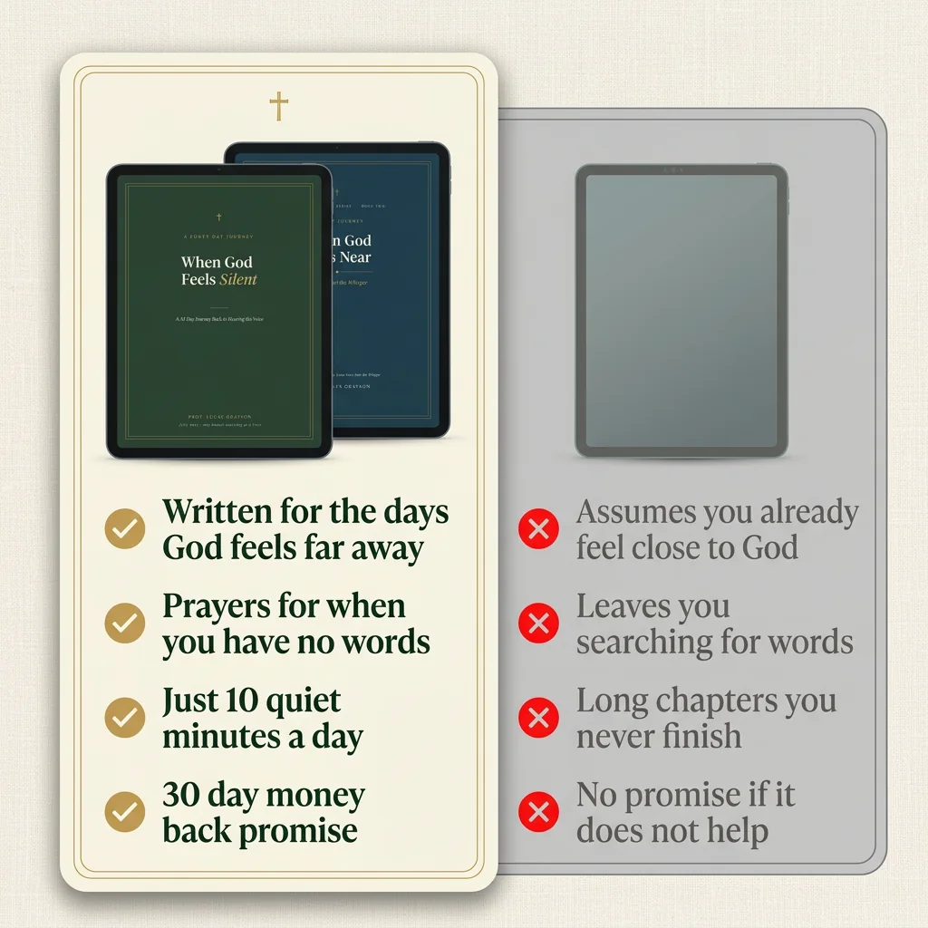 Both ebooks against an ordinary devotional. This journey: written for the days God feels far away, prayers for when you have no words, just 10 quiet minutes a day, 30 day money back promise. Others: assumes you already feel close to God, leaves you searching for words, long chapters you never finish, no promise if it does not help.