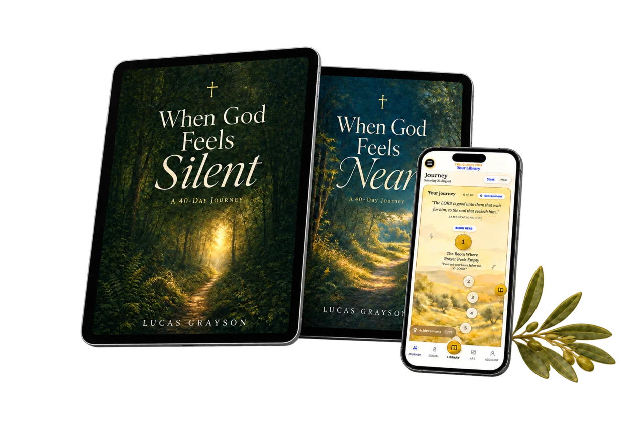 When God Feels Silent and When God Feels Near displayed on tablets beside the journey app on a phone