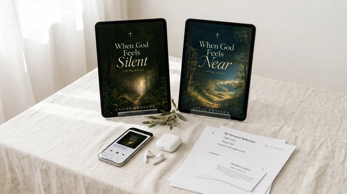 Both journeys on two tablets, with the audiobook playing on a phone and the printable pages beside them