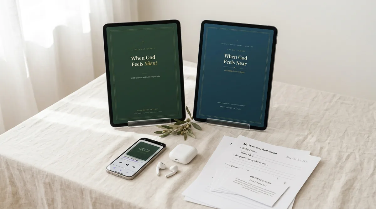 Both ebooks on two tablets, with the audiobook playing on a phone and the printable pages beside them
