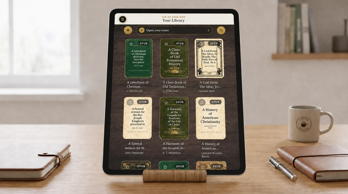 A tablet on a wooden desk showing The Classic Library web app, a searchable shelf of 400+ Christian classics