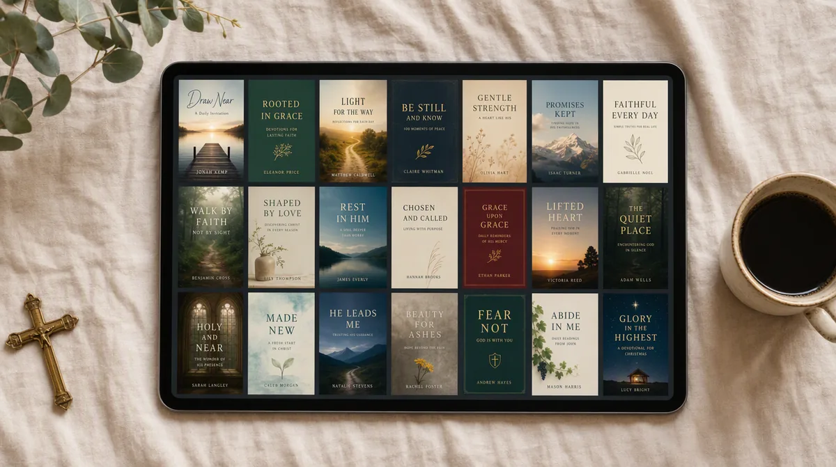 A tablet showing a grid of Christian ebook covers from the 340 book library