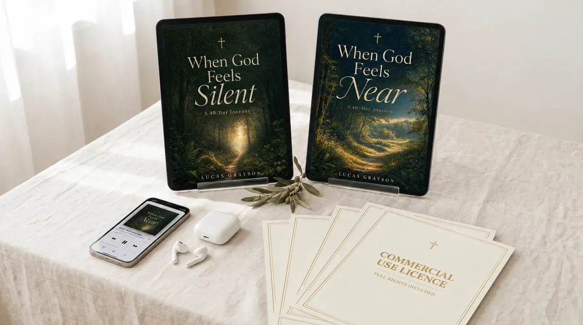 Both journeys on tablets beside the commercial use license and the audiobook on a phone