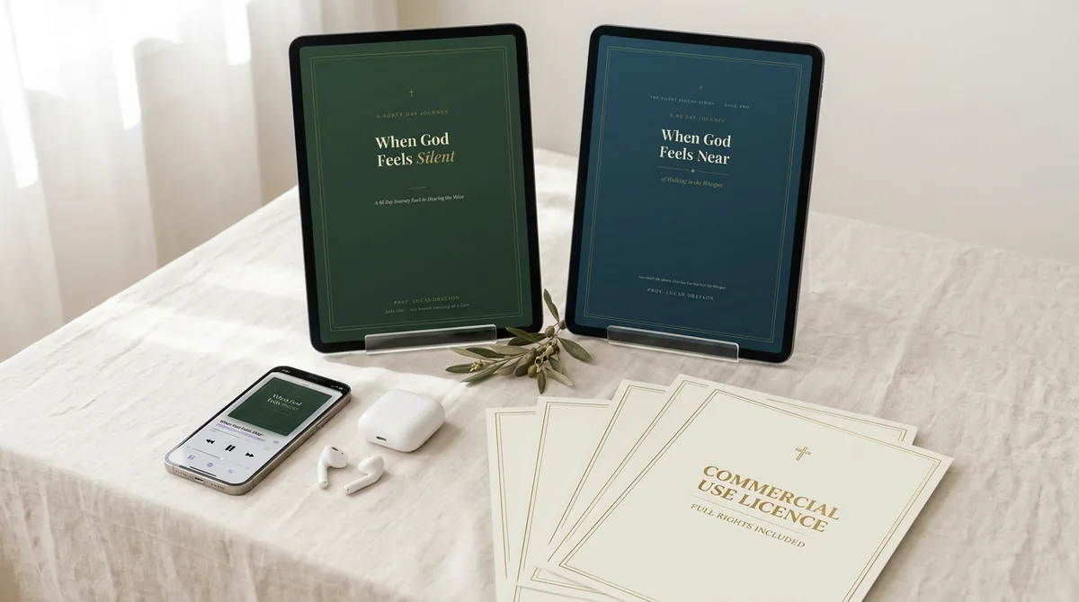 Both ebooks on tablets beside the commercial use license and the audiobook on a phone