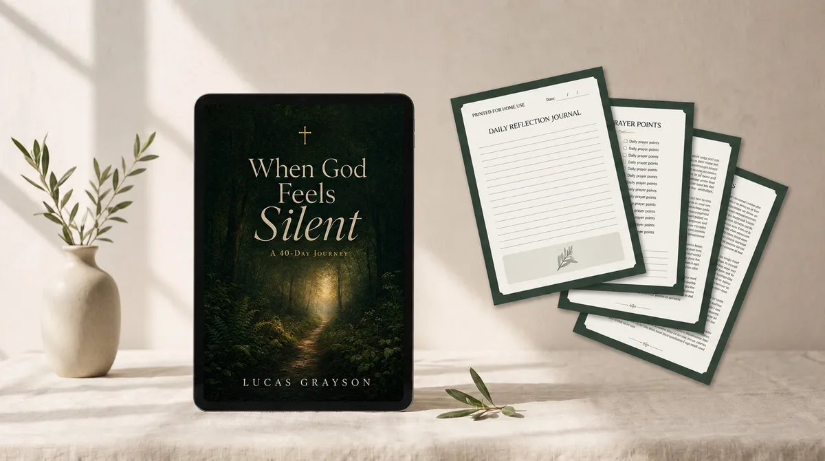 When God Feels Silent on a tablet screen beside the printable journal and scripture card pages
