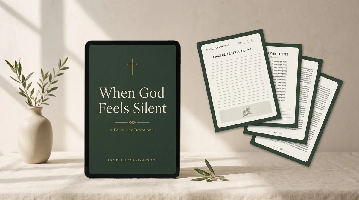 When God Feels Silent on a tablet screen beside the printable journal and scripture card pages